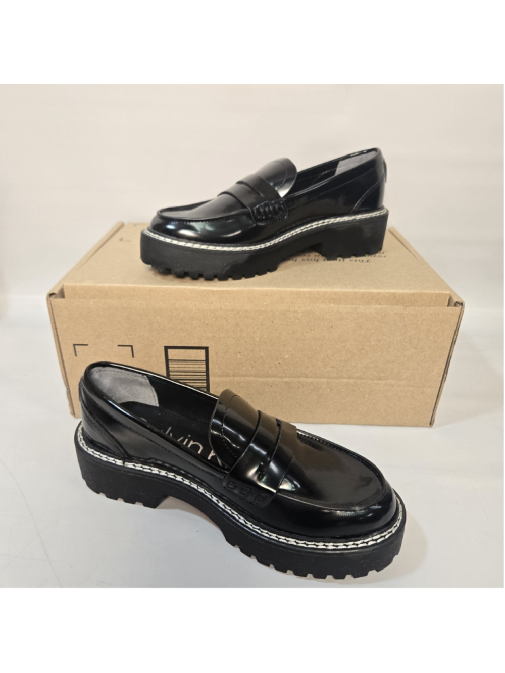 Calvin Klein Lug Sole Loafer Black Patent Slip On Chunky 90s Womens 6